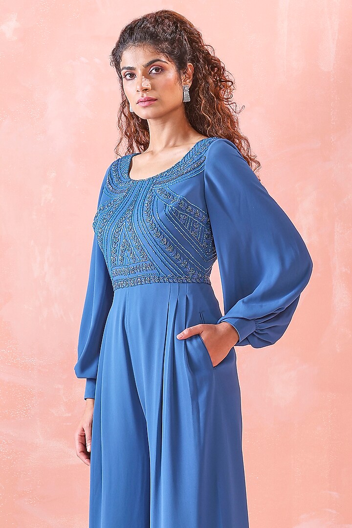 Cobalt Blue Georgette Embroidered Jumpsuit by Mirroir at Pernia's Pop Up Shop