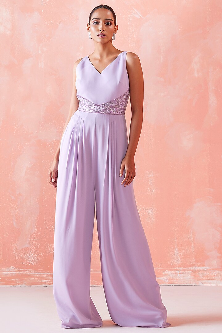 Lilac Georgette Embroidered Jumpsuit by Mirroir