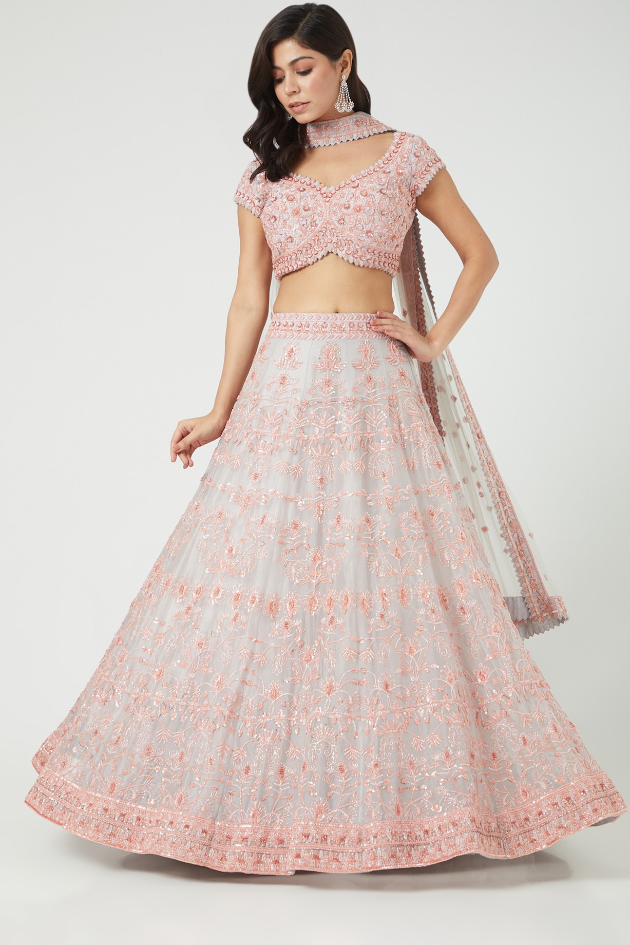 Light Grey Embroidered Bridal Lehenga Set by Mirroir at Pernia's