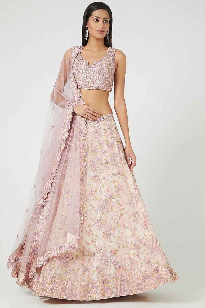 Peach Embroidered Lehenga Set by Mirroir