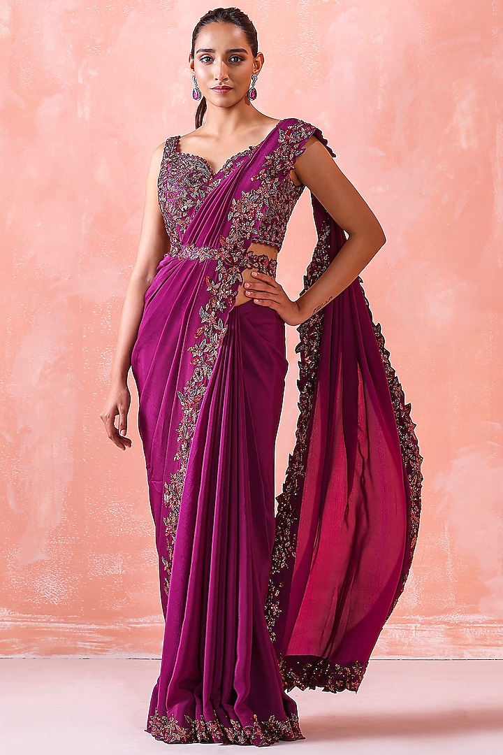 Wine Silk Organza & Net Sequins Embroidered Saree Set by Mirroir