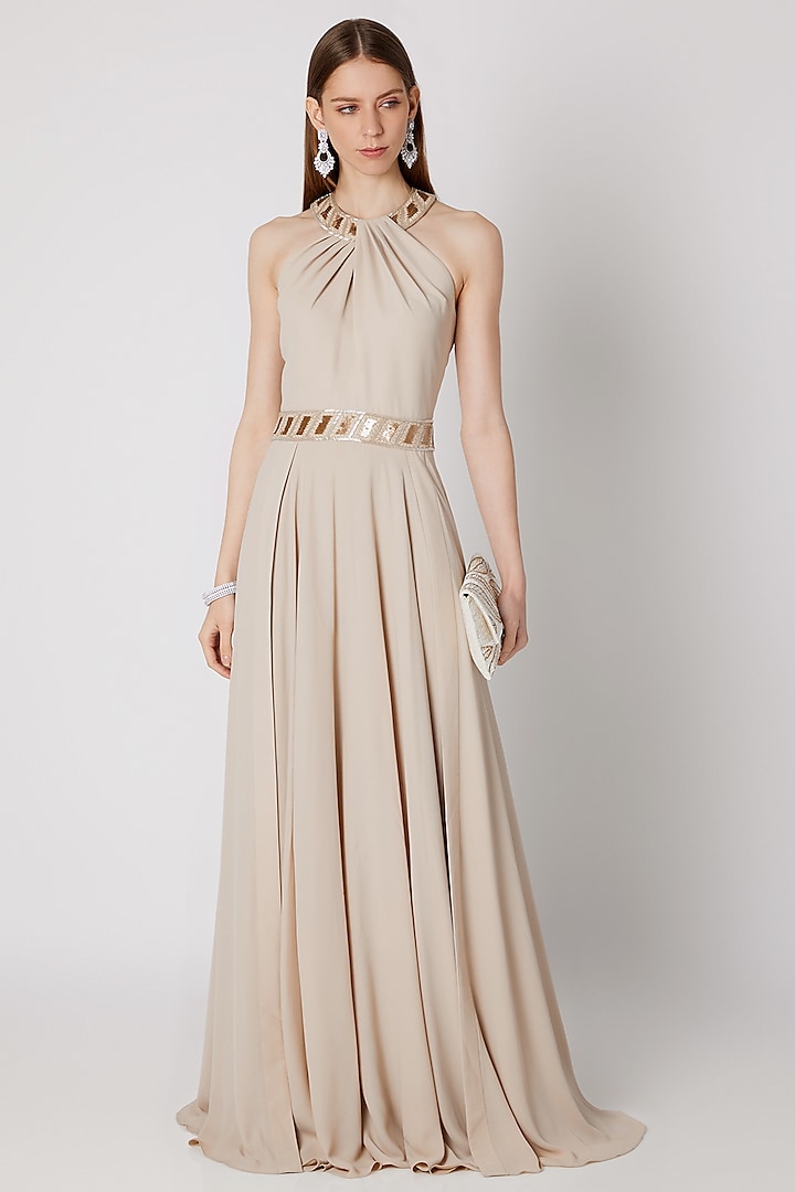 Beige Embroidered Pleated Dress by Mirroir