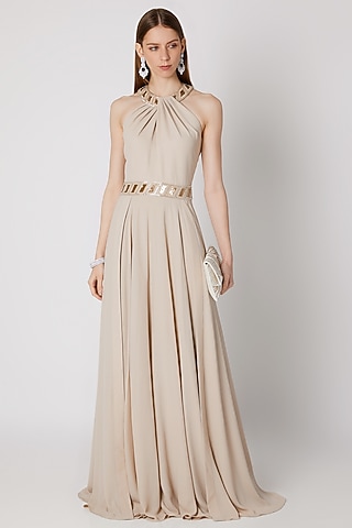 Beige Embroidered Pleated Dress by Mirroir