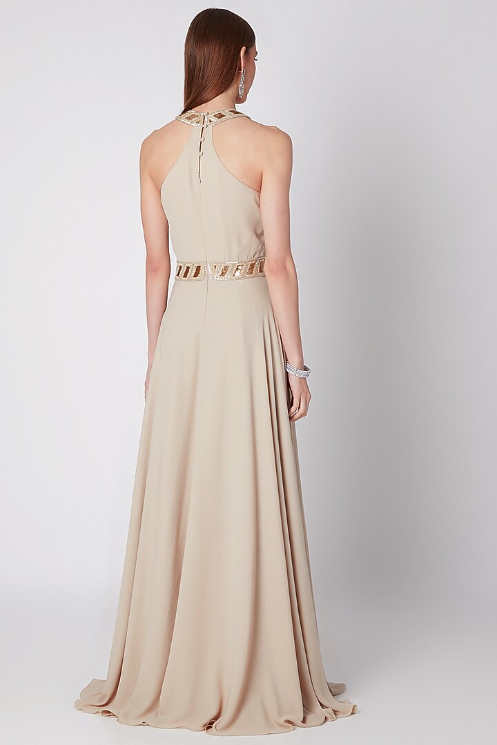 Beige Embroidered Pleated Cocktail Dress by Mirroir at Pernia's Pop Up Shop