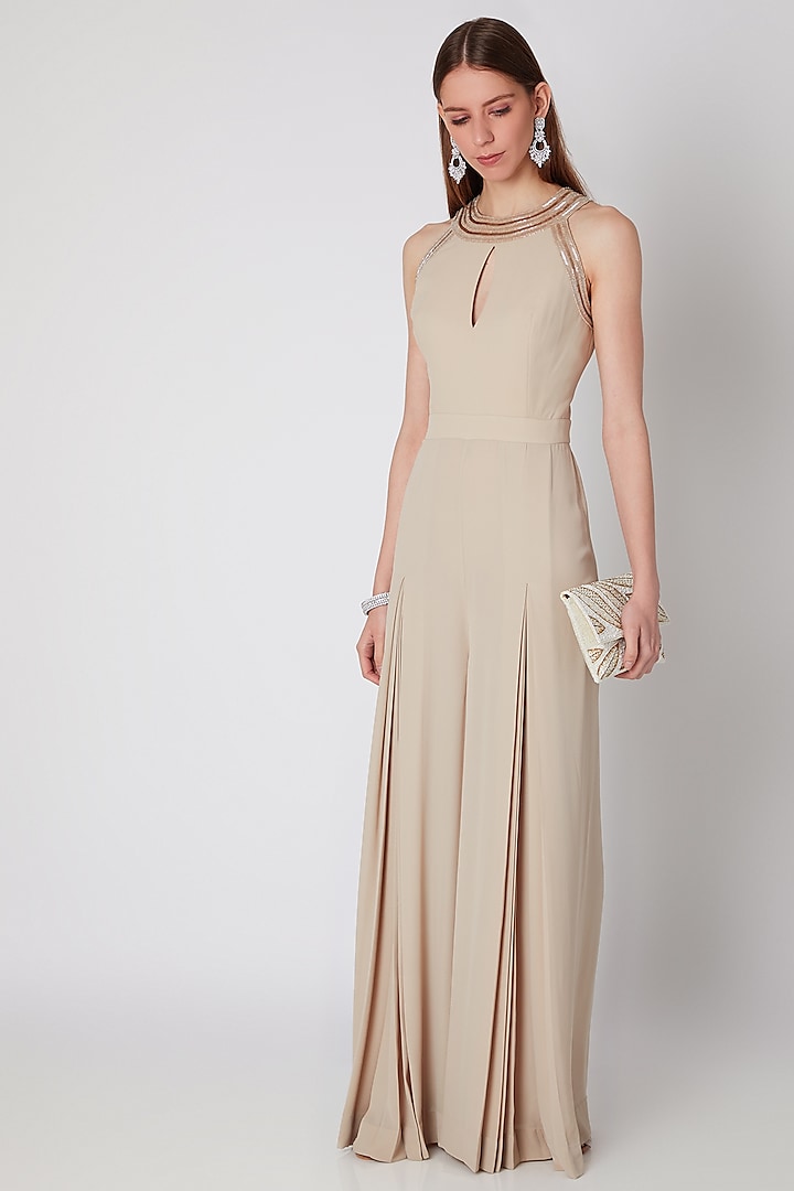 Beige Embroidered Pleated Jumpsuit by Mirroir