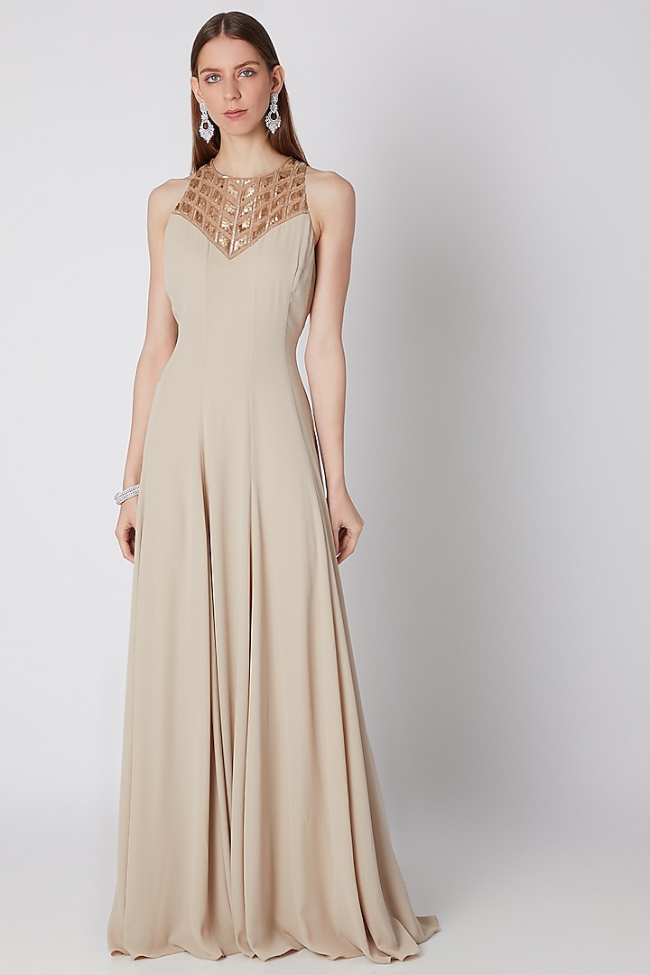 Beige Embroidered Panelled Dress by Mirroir