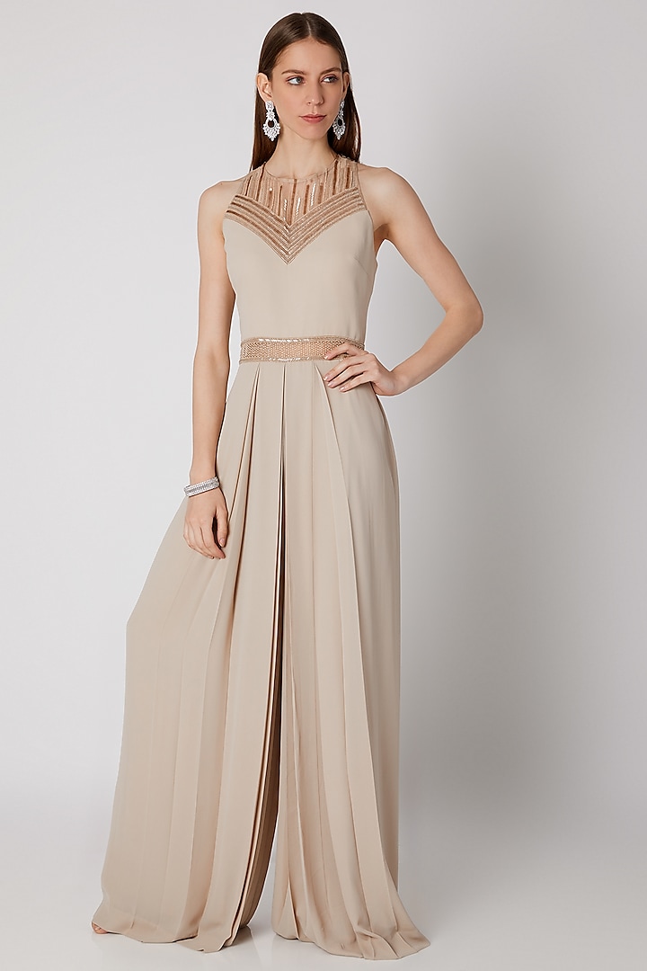 Beige Embroidered Pleated Jumpsuit by Mirroir