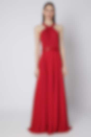 Red Embroidered Pleated Gown by Mirroir