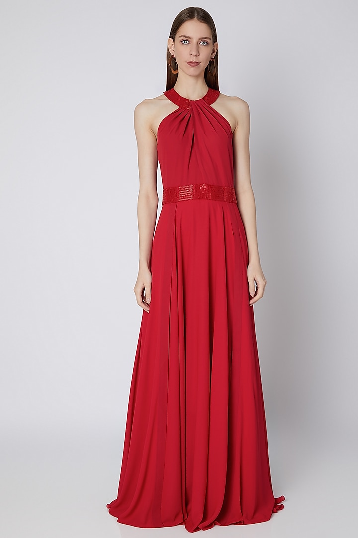 Red Embroidered Pleated Gown by Mirroir