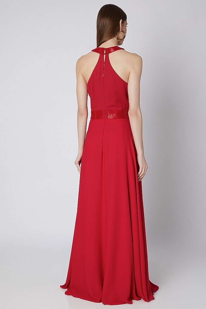 Red Embroidered Pleated Gown by Mirroir at Pernia's Pop Up Shop