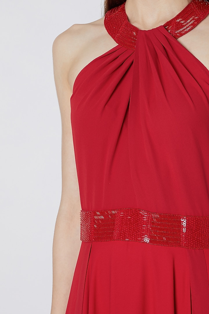 Red Embroidered Pleated Gown by Mirroir at Pernia's Pop Up Shop