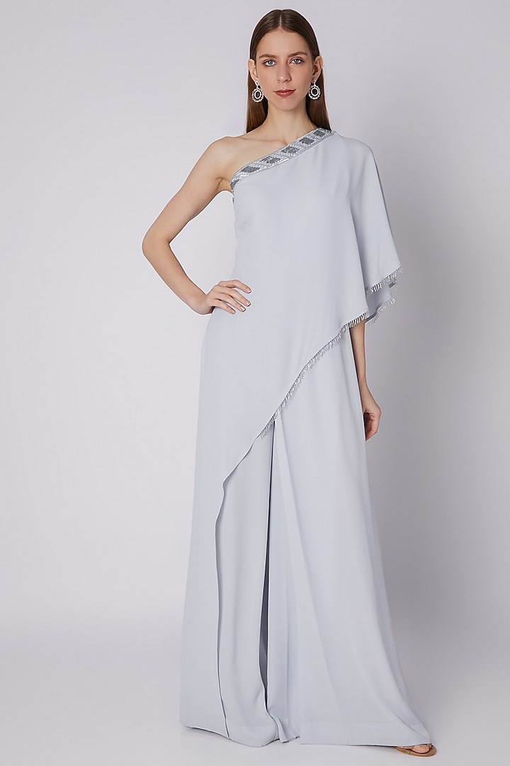 Powder Blue Embroidered Jumpsuit by Mirroir at Pernia's Pop Up Shop