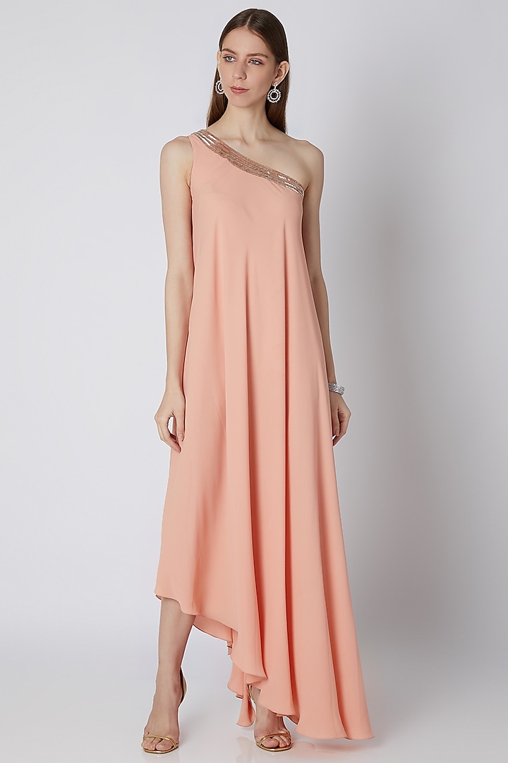 Peach Embroidered Off Shoulder Dress by Mirroir