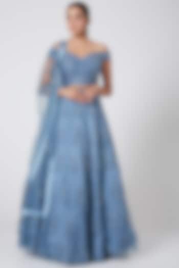 Smokey Blue Embroidered Wedding Lehenga Set by Mirroir at Pernia's Pop Up Shop