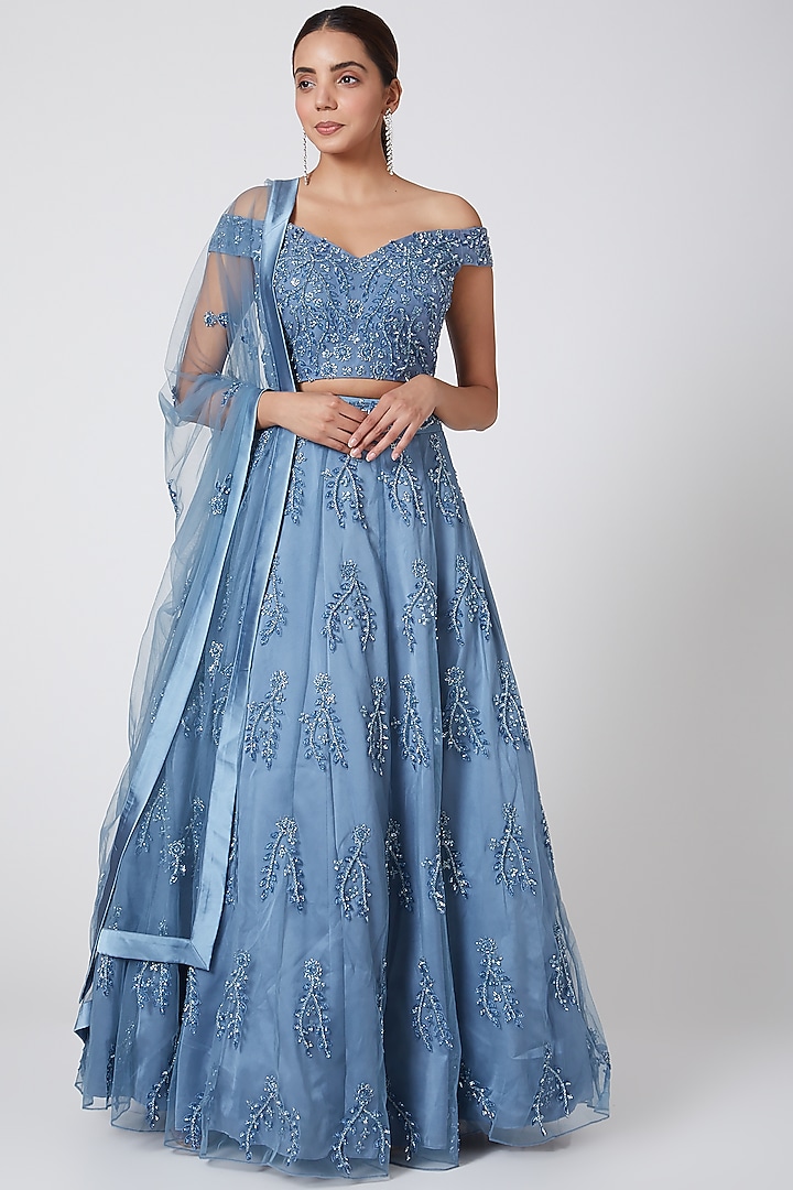 Smokey Blue Embroidered Wedding Lehenga Set by Mirroir at Pernia's Pop Up Shop