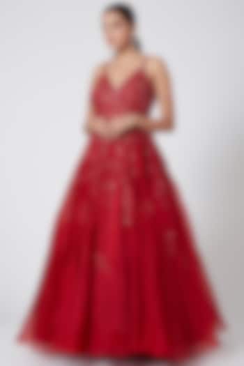 Red Embroidered Strappy Gown by Mirroir