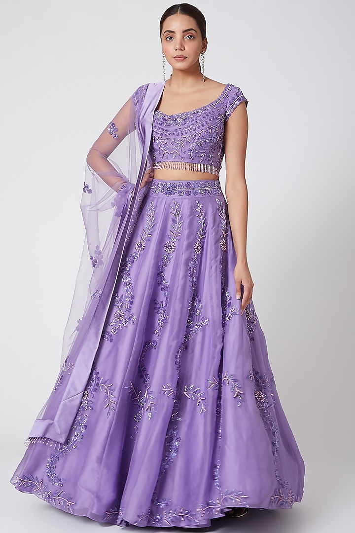 Lilac Embroidered Draped Lehenga by Mirroir