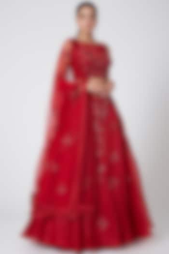 Red Embroidered Draped Lehenga by Mirroir