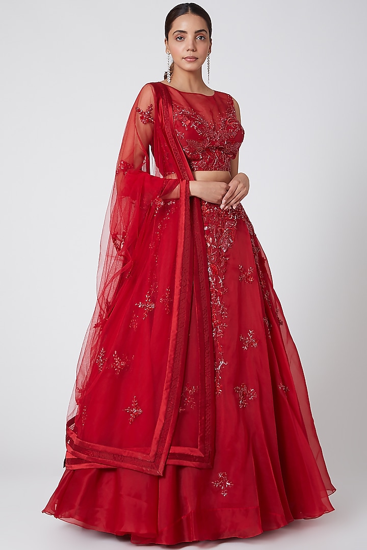 Red Embroidered Draped Lehenga by Mirroir