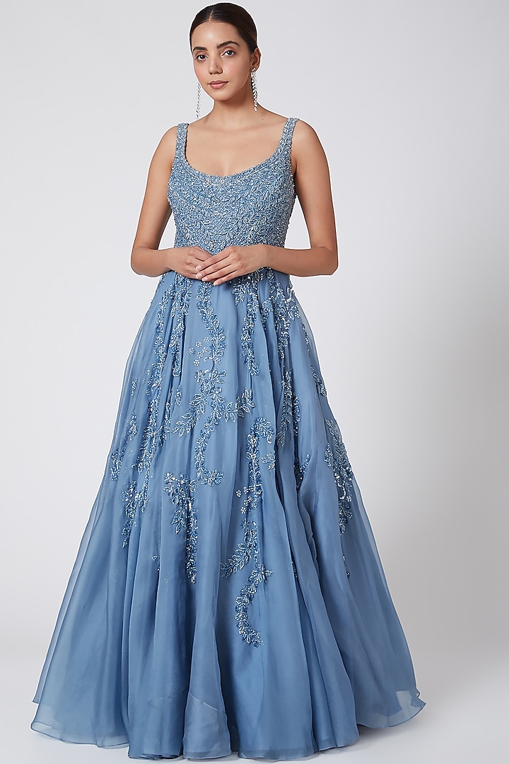 Smokey Blue Embroidered Gown by Mirroir