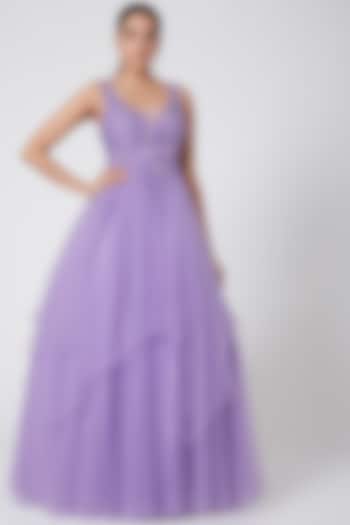 Purple Embroidered Layered Gown by Mirroir