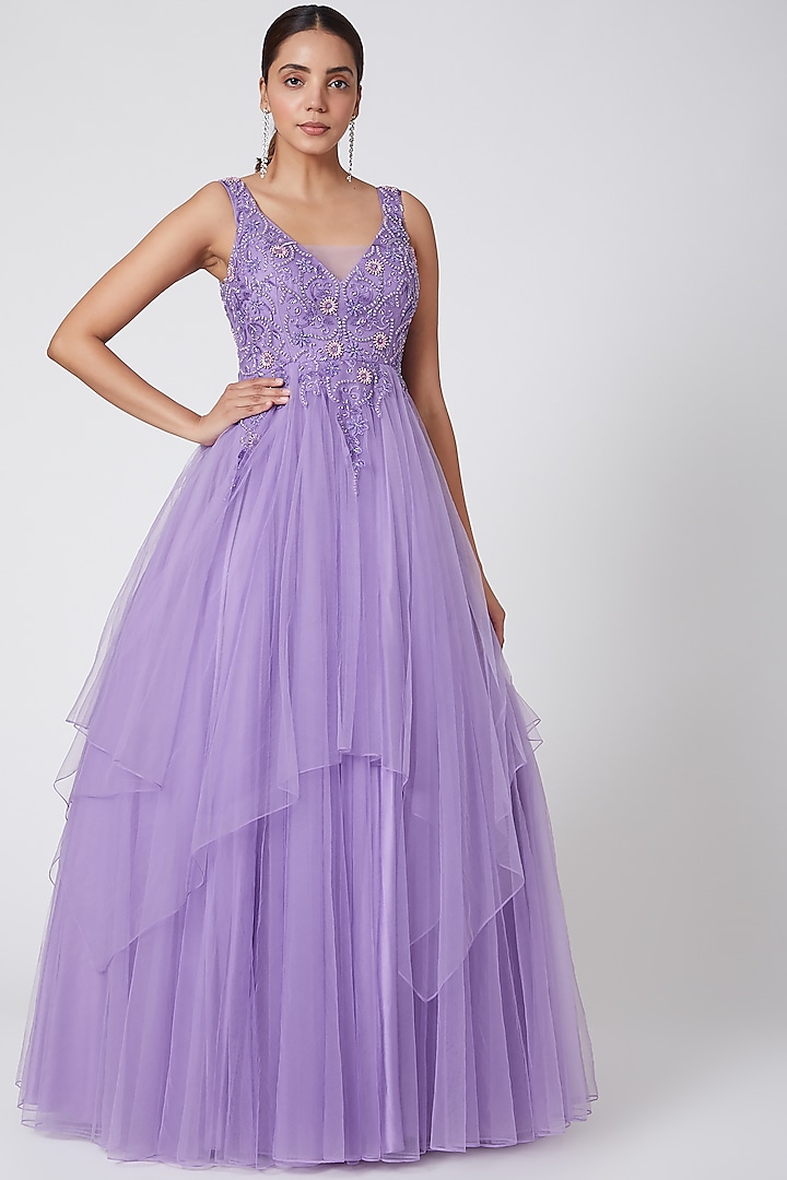 Purple Embroidered Layered Gown by Mirroir
