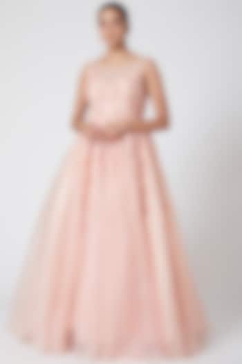 Peach Sequins Embroidered Gown by Mirroir
