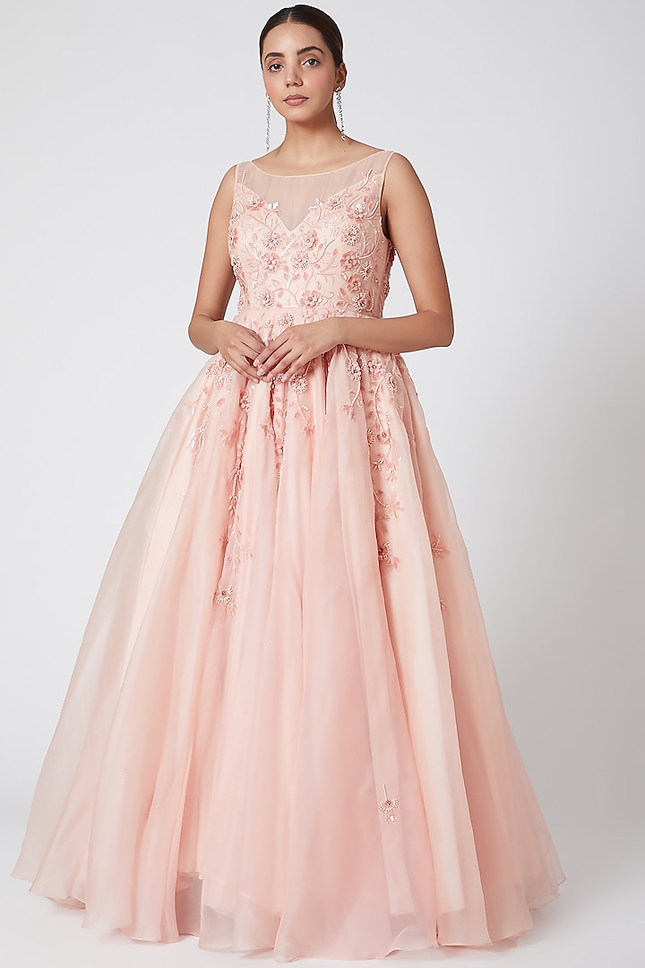 Peach Sequins Embroidered Gown by Mirroir