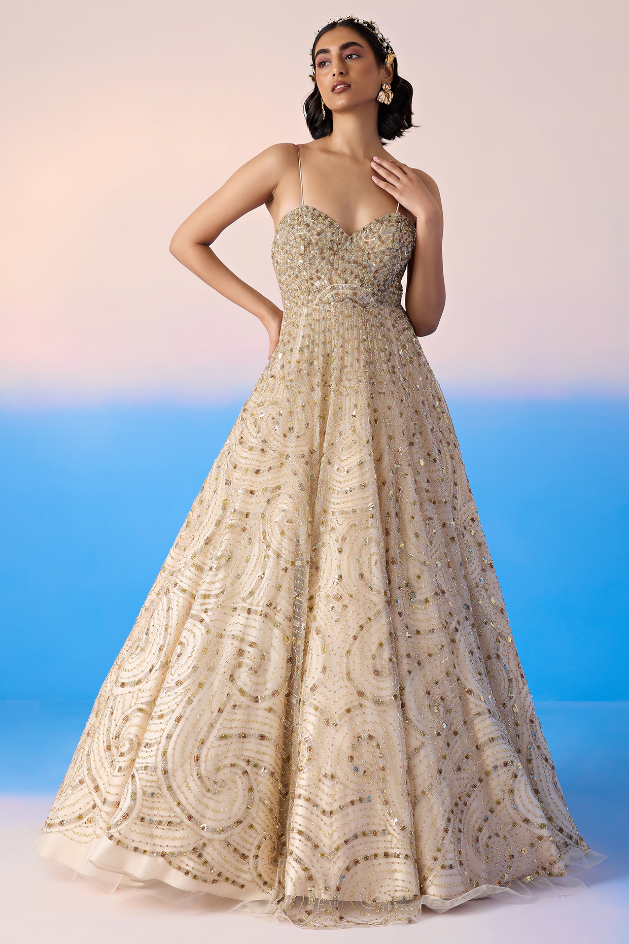 Beige Net & Satin Embroidered Bridal Gown by Mirroir at Pernia's Pop Up Shop