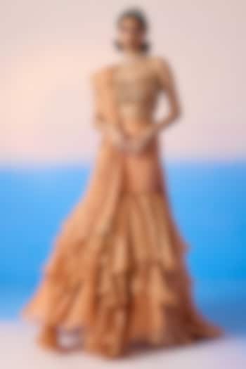 Salmon Pure Silk Organza & Viscose Organza Layered Wedding Lehenga Set by Mirroir at Pernia's Pop Up Shop