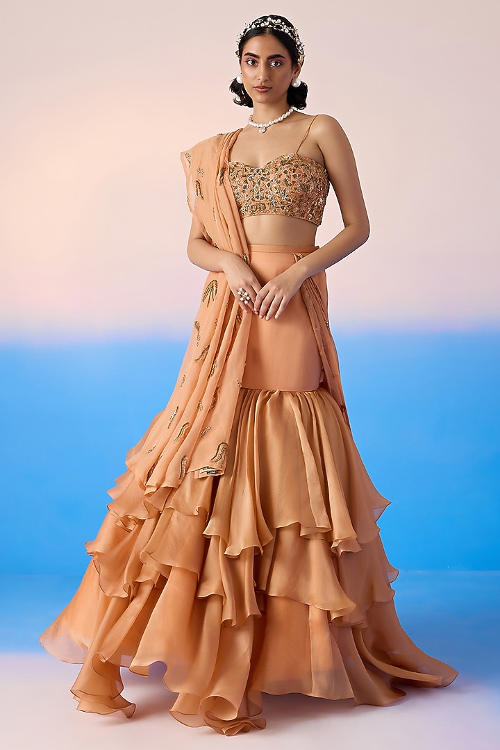 Salmon Pure Silk Organza & Viscose Organza Layered Wedding Lehenga Set by Mirroir at Pernia's Pop Up Shop