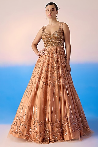 Salmon Net & Satin Embroidered Gown by Mirroir
