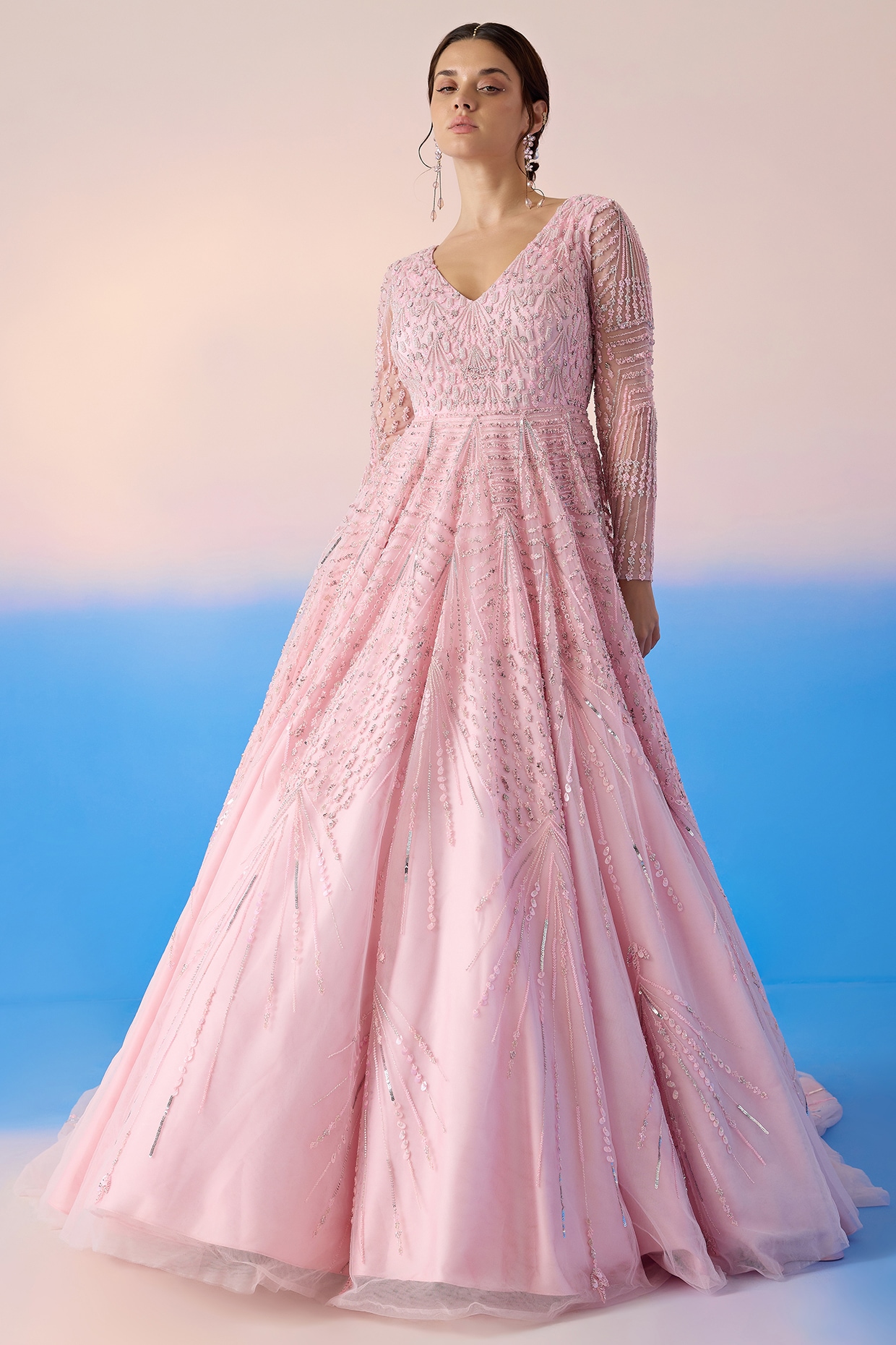 Hand Embroidered Net Gown in Coral Pink : UKU1177