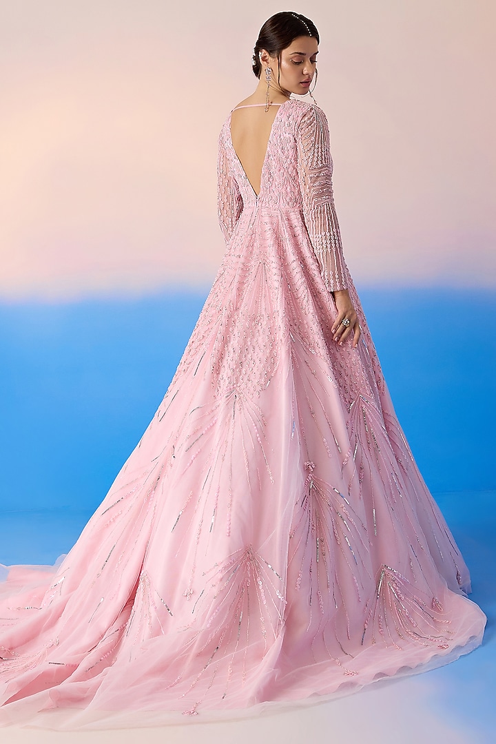 Carnation Pink Net & Satin Embroidered Bridal Gown by Mirroir at Pernia's Pop Up Shop