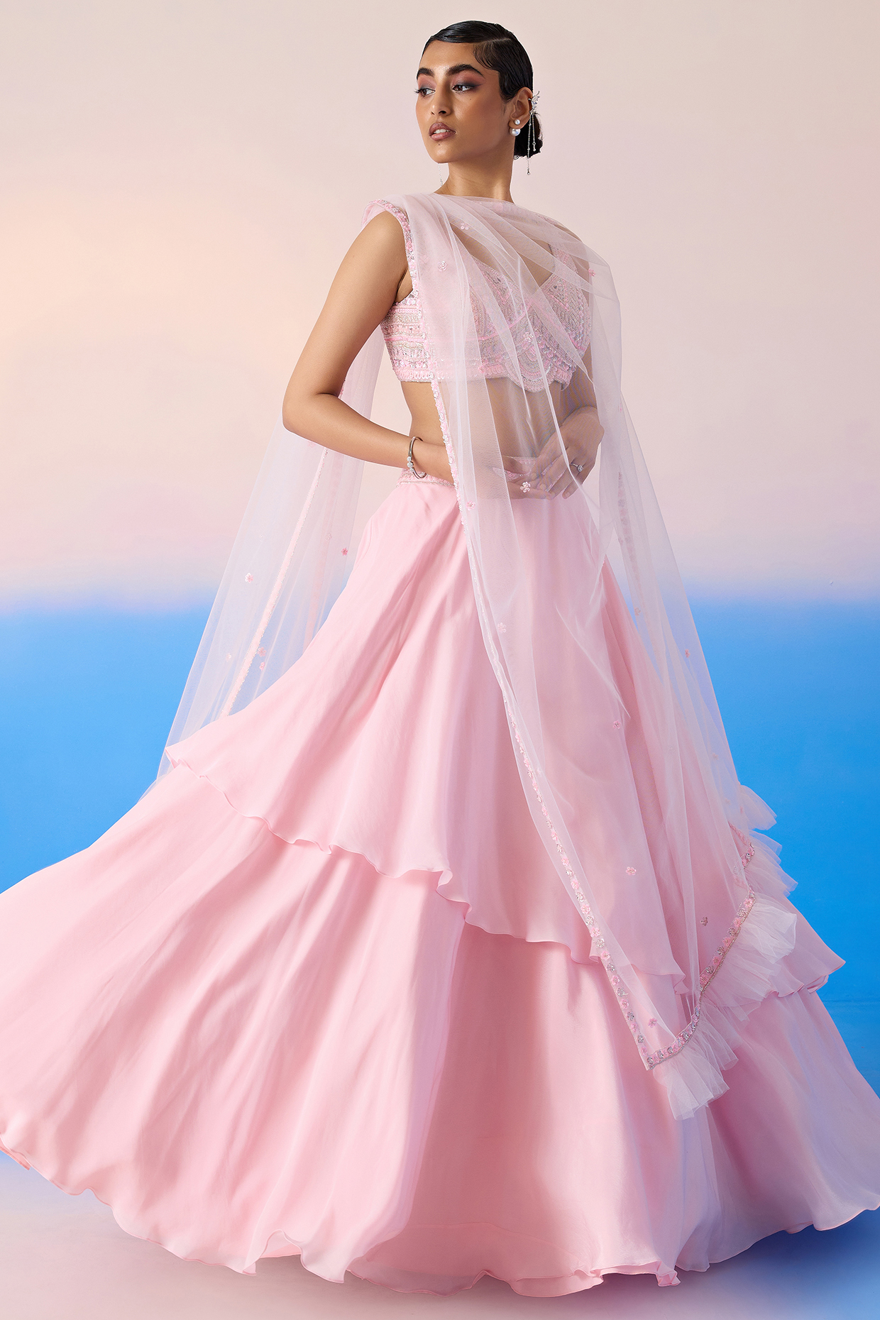 Carnation Pink Viscose Crepe & Net Embroidered Wedding Lehenga Set by Mirroir at Pernia's Pop Up Shop