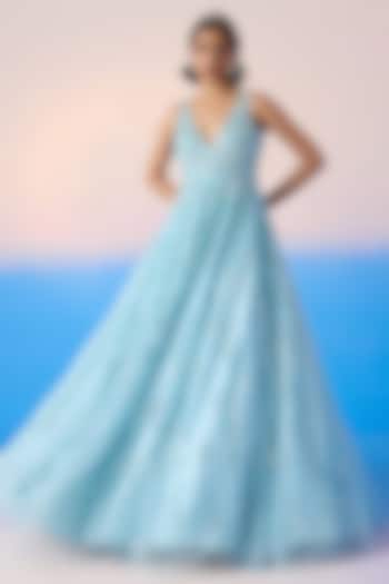 Sky Blue Net & Satin Embroidered Bridal Gown by Mirroir at Pernia's Pop Up Shop