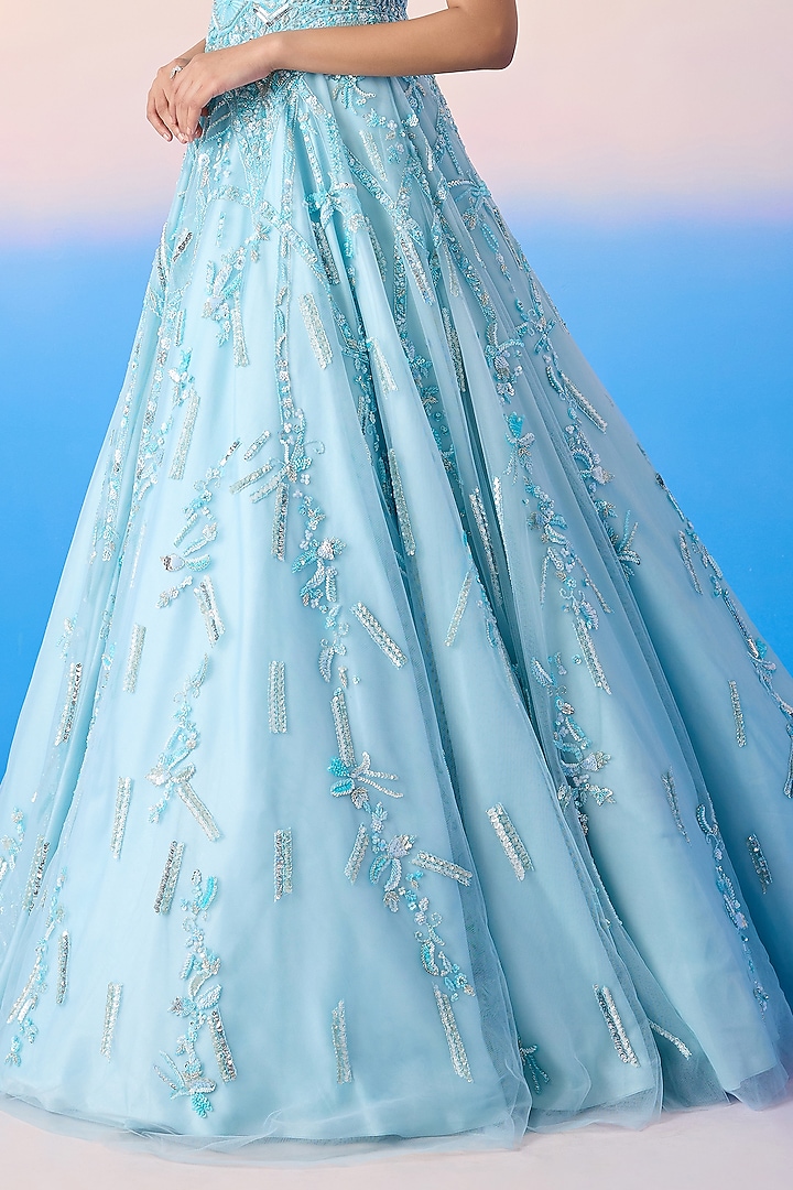 green emerald velvet dress Floral Embroidered Sequin Gown 12 / Sky Blue main image 0