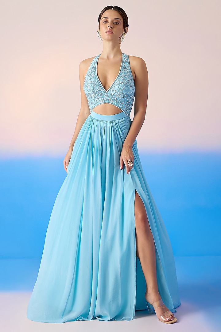 Sky Blue Viscose Crepe Backless Gown by Mirroir