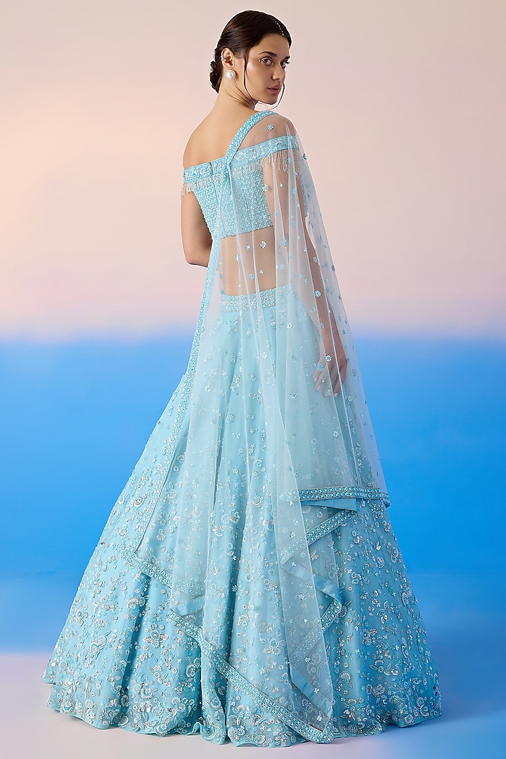 Sky Blue Organza Silk & Net Embroidered Bridal Lehenga Set by Mirroir at Pernia's Pop Up Shop