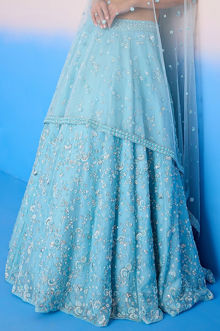 Sky Blue Organza Silk & Net Embroidered Bridal Lehenga Set by Mirroir at Pernia's Pop Up Shop