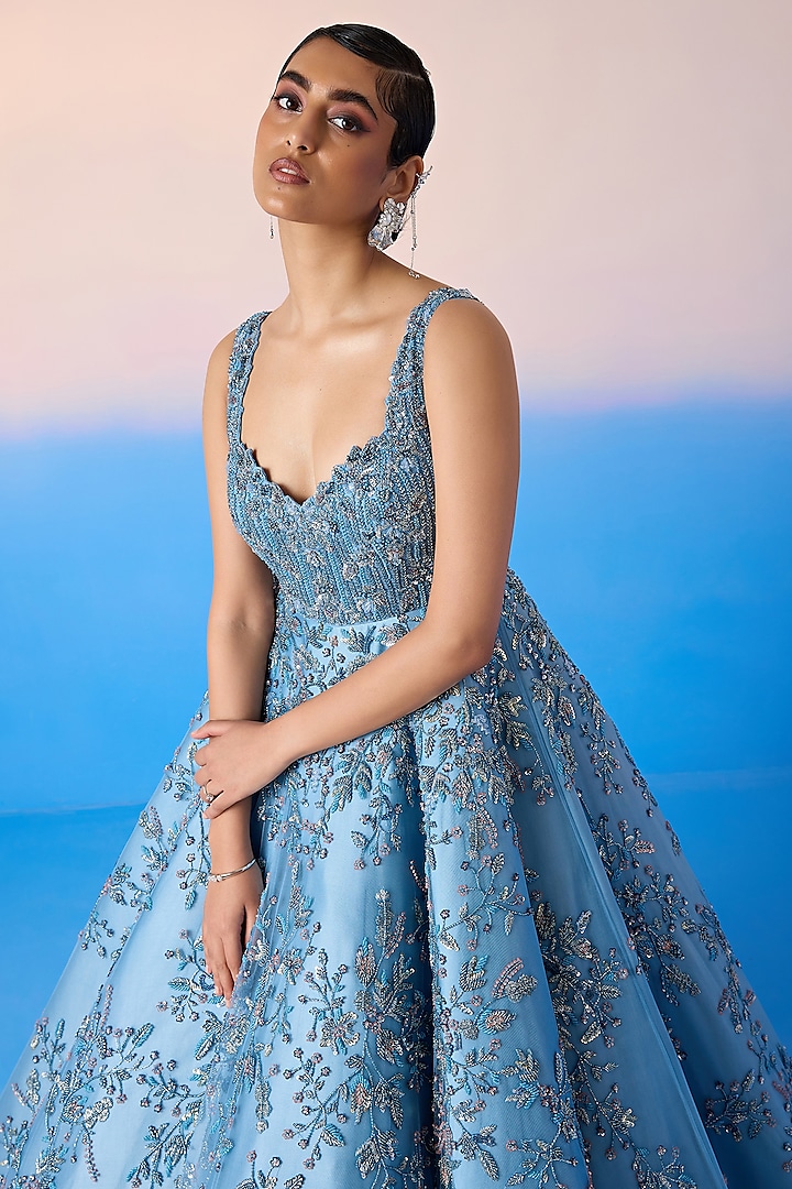 Mint Blue Net & Satin Embroidered Gown Design by Mirroir at Pernia's Pop Up Shop 2026 Mint Blue Net & Satin Embroidered Gown Design by Mirroir at Pernia's Pop Up Shop 2026