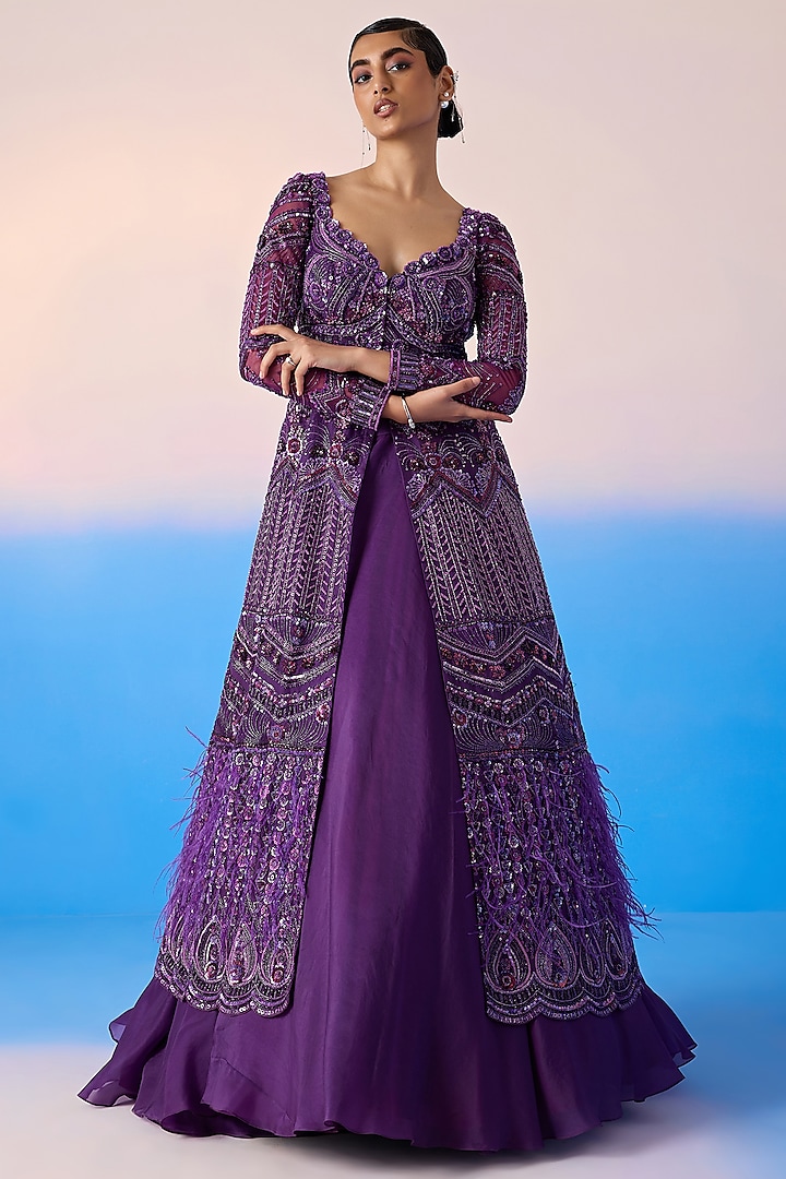 Midnight Purple Organza Silk & Net Embroidered Jacket Lehenga Set by Mirroir
