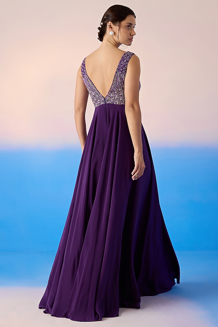 Midnight Purple Organza & Viscose Crepe Embroidered Purple Jumpsuit by Mirroir at Pernia's Pop Up Shop