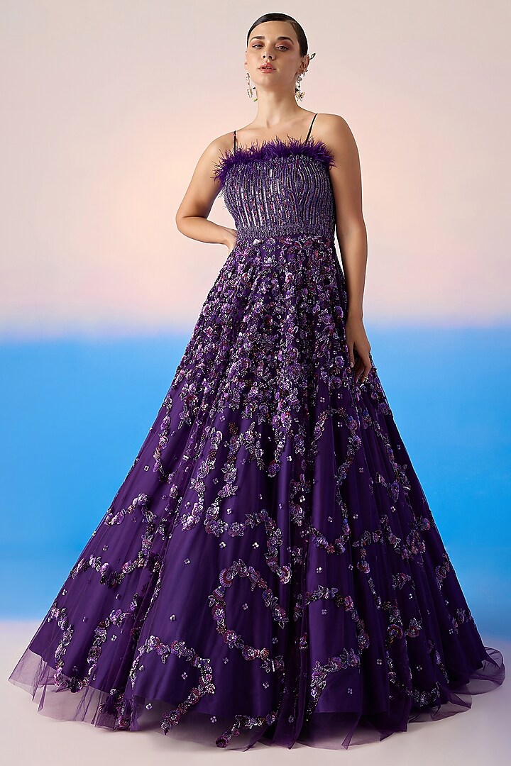 Midnight Purple Net & Satin Embroidered Gown by Mirroir