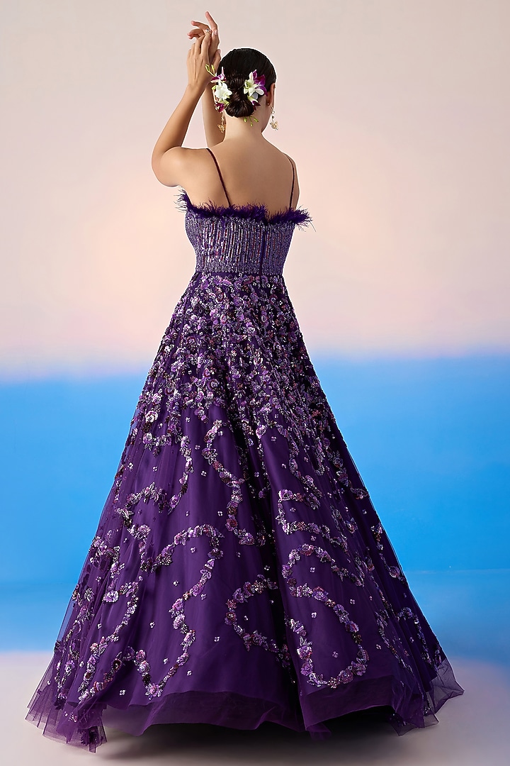 Midnight Purple Net & Satin Embroidered Bridal Gown by Mirroir at Pernia's Pop Up Shop
