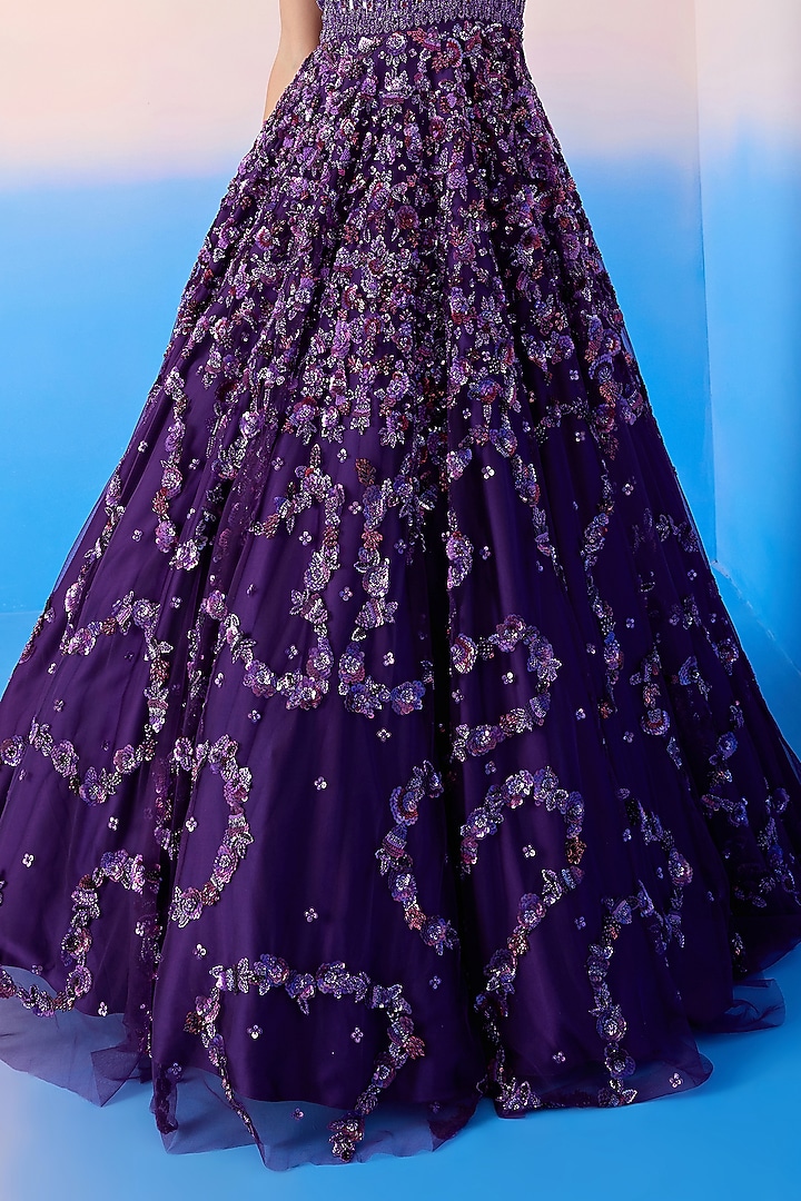 Midnight Purple Net & Satin Embroidered Bridal Gown by Mirroir at Pernia's Pop Up Shop