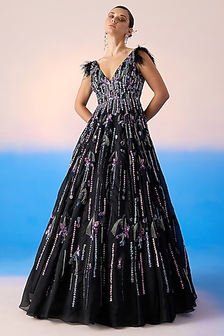 Black Organza Silk & Satin Embroidered Gown by Mirroir
