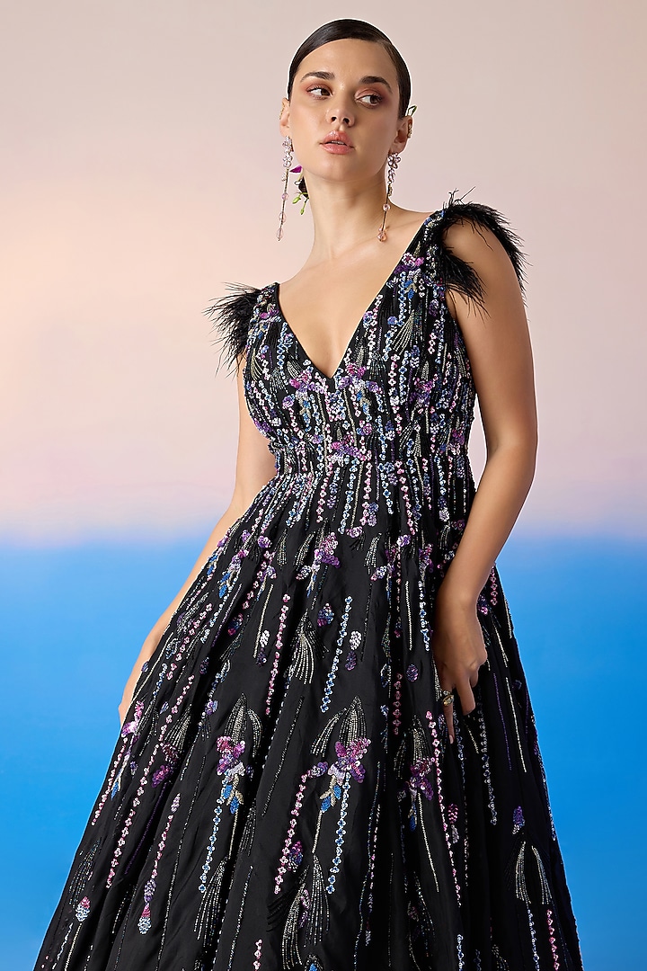 Black Organza Silk & Satin Embroidered Bridal Gown by Mirroir at Pernia's Pop Up Shop