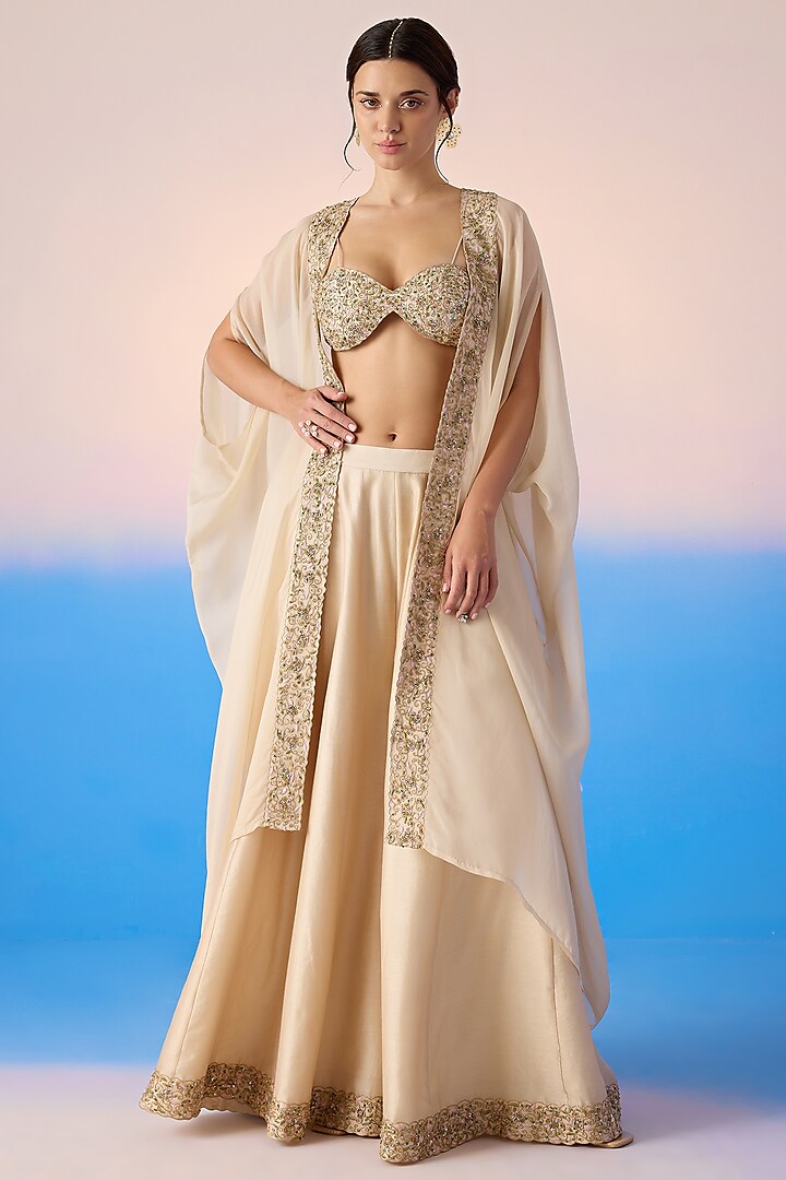 Beige Viscose Organza & Viscose Crepe Embroidered Cape Set by Mirroir