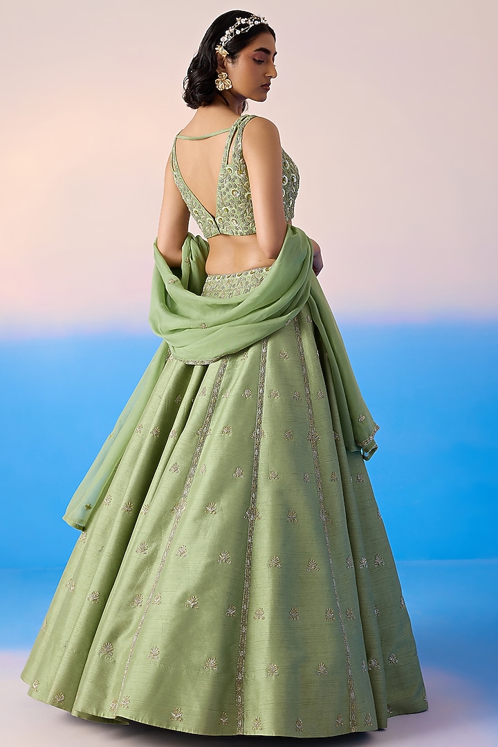 Sage Green Viscose Dupion & Viscose Crepe Embroidered Wedding Lehenga Set by Mirroir at Pernia's Pop Up Shop